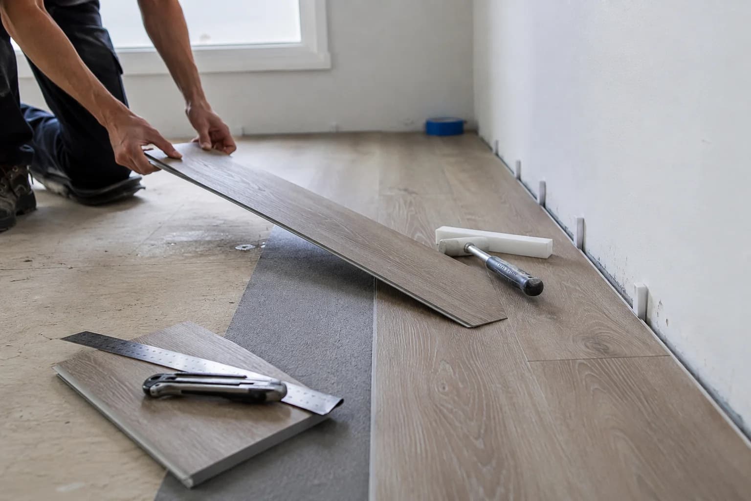 Installer fitting wide plank flooring by hand